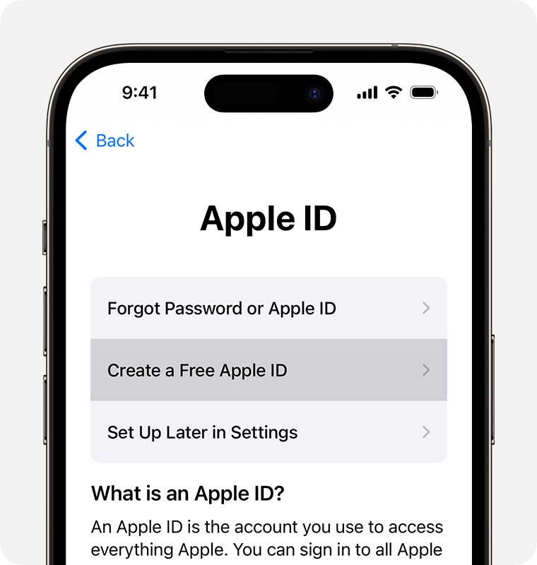 iPhone screen showing the option to select Create a Free Apple ID
