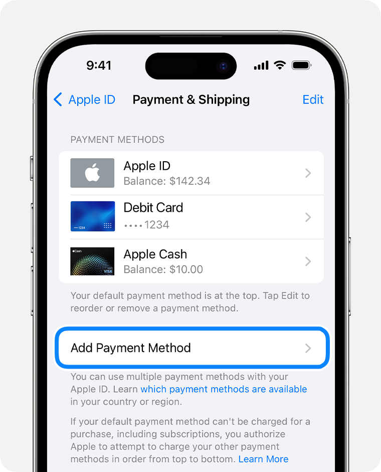 iPhone showing the Manage Payments screen with three credit cards listed.