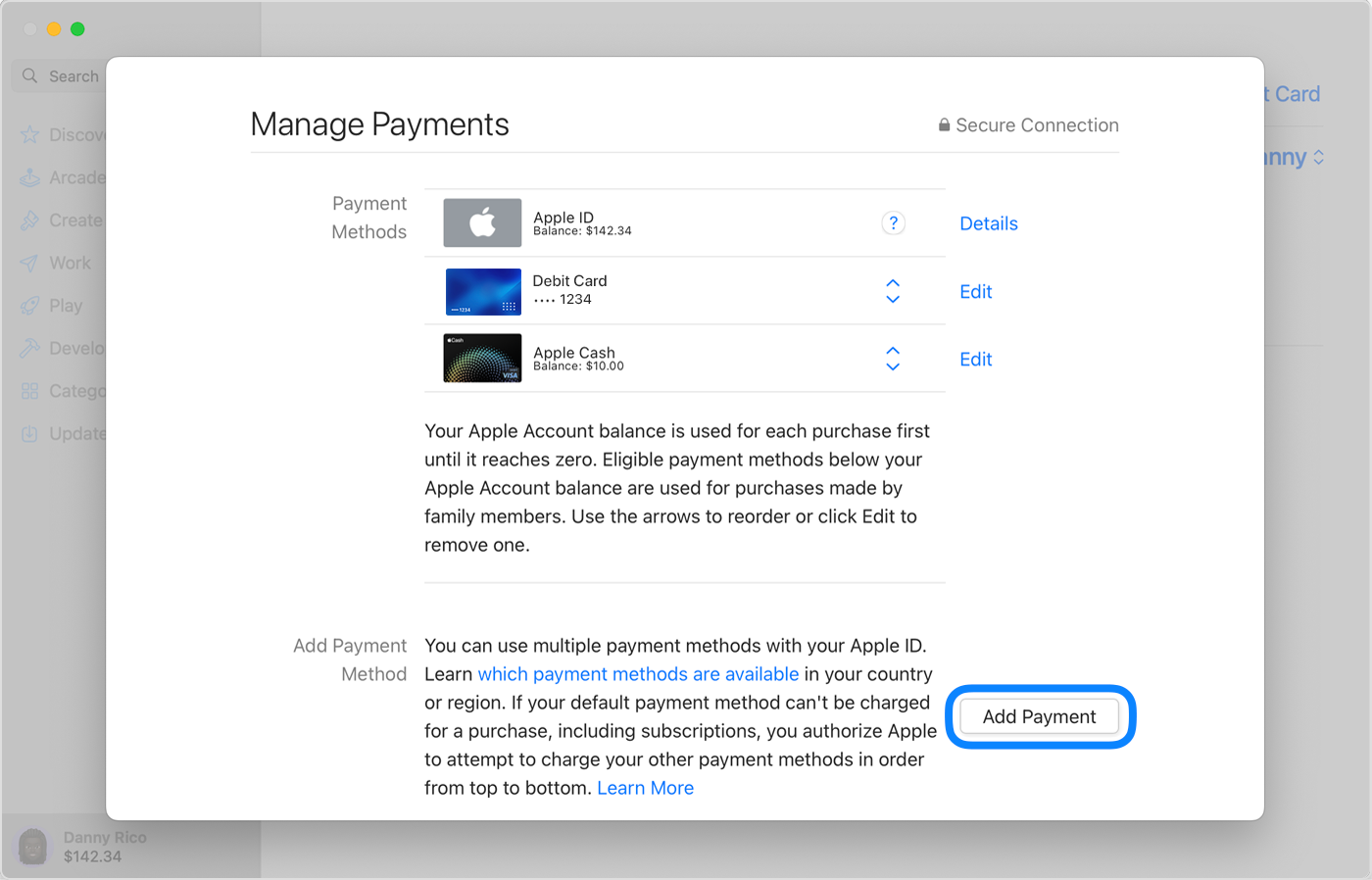 The App Store on Mac showing the Manage Payments page, highlighting where you can add a payment method.