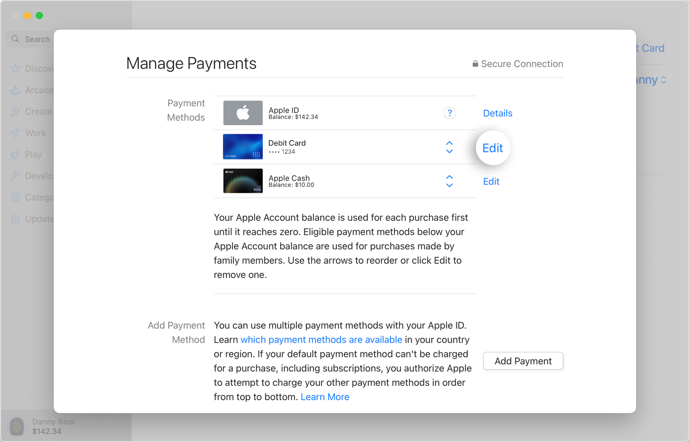 The App Store on Mac showing the Manage Payments page, highlighting where you can edit a payment method.