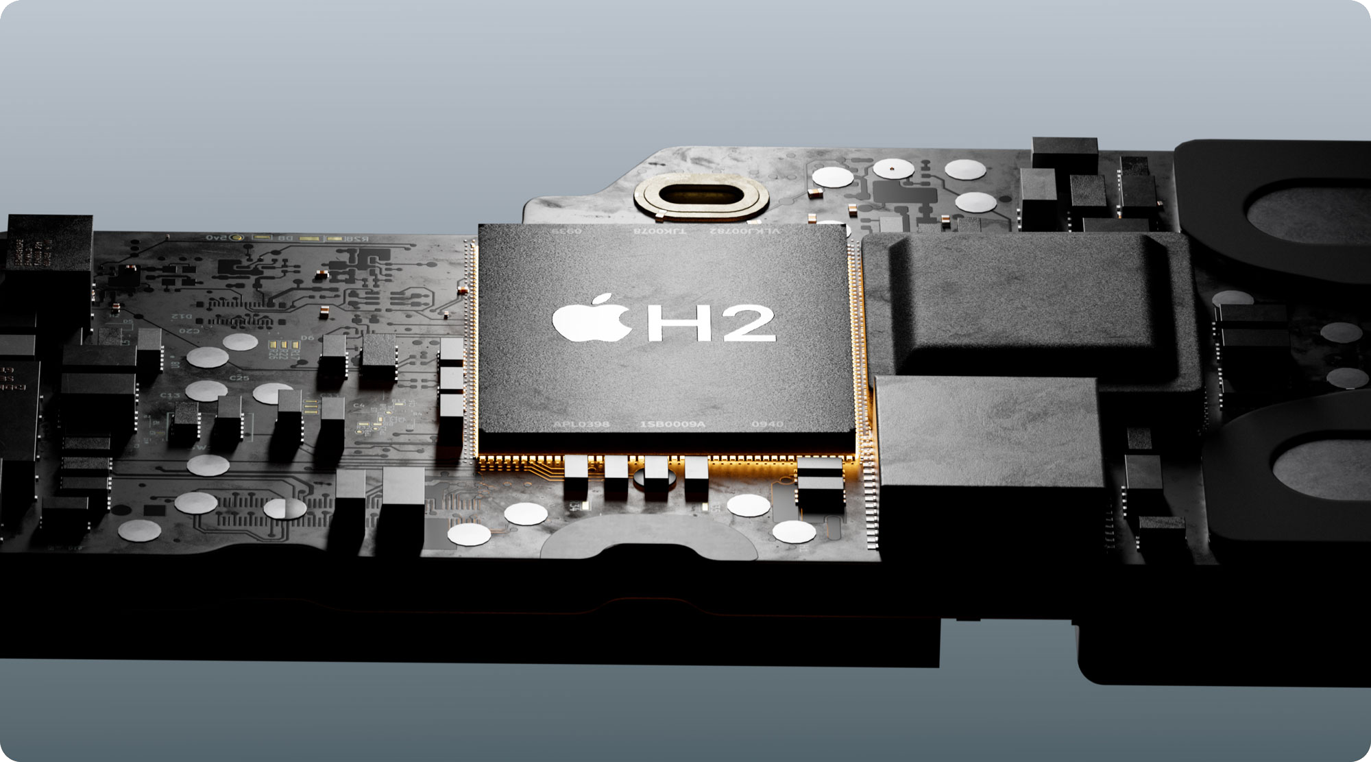 Apple H2-flagan á móðurborði Powerbeats Pro 2.