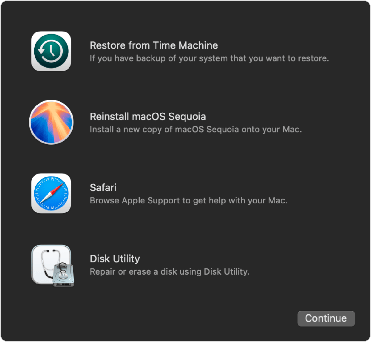 Utilities window in macOS Recovery