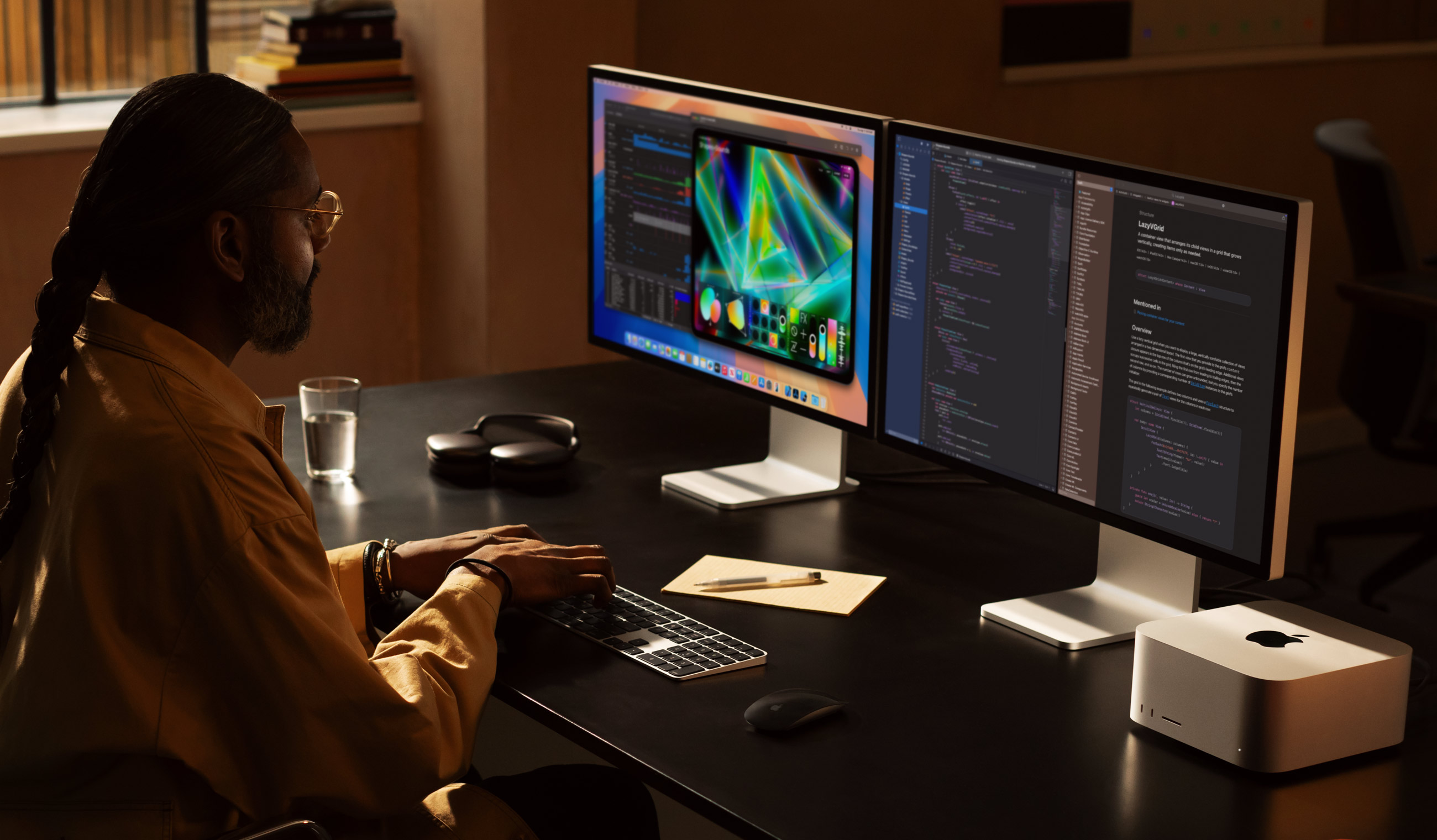 Mac Studio on a desk with dual displays and Magic accessories