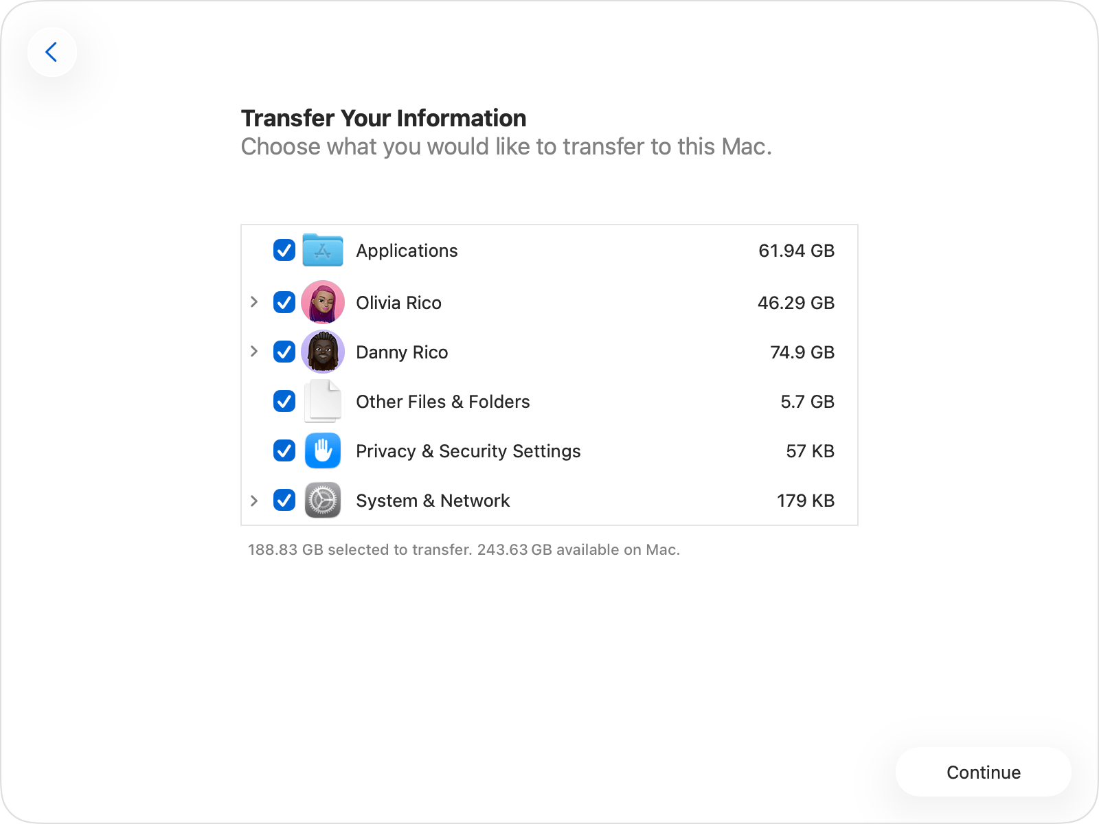 Migration Assistant sýnir hina ýmsu flokka upplýsinga.