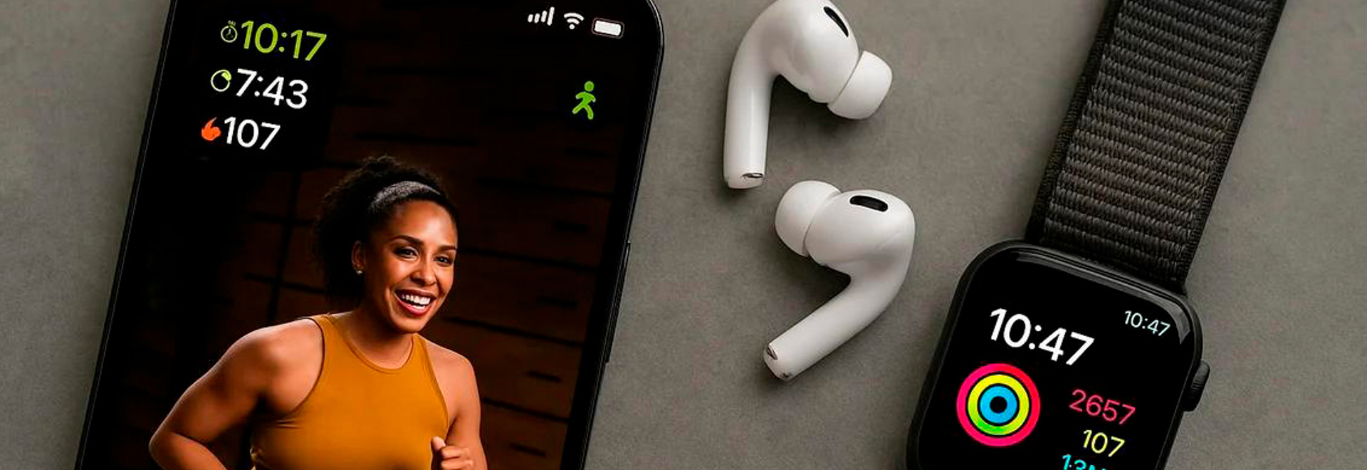 <h2 class="campaign-block__title" style="color: #ffffff; font-size: 4rem; line-height: 1.05; font-weight: bold;">Apple Watch + <br>AirPods Pro 3</h2>
<p style="color: #ffffff; font-size: 1.5rem; font-weight: 1200; line-height: 1.5; letter-spacing: 0em; font-family: 'SF Pro Display', 'SF Pro Icons', 'Helvetica Neue', Helvetica, Arial, sans-serif; z-index: 100; margin-bottom: 1.5rem;" class="slide-block__text"><strong>AirPods Pro 3 og Apple Watch vinna saman að því að styðja við heilsu þína og vellíðan.</strong></p>
