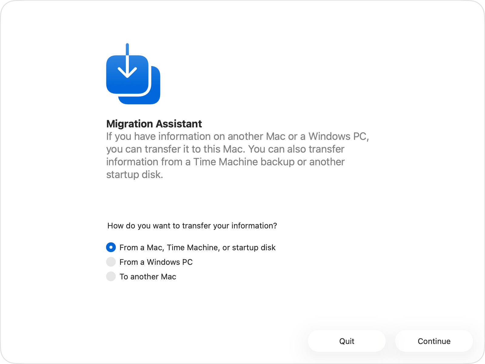Migration Assistant með valkostinn "From a Mac, Time Machine, or startup disk" valinn.