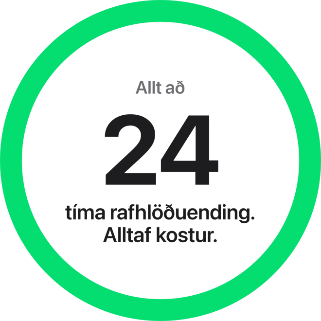 <h3 class="campaign-block__overline" style="color: #03aa49; margin-bottom: 0;">Rafhlaða</h3>
<h2 class="campaign-block__title" style="color: #262626;">Lengri rafhlöðuending? Algjörlega!</h2>
<p style="color: #757575;" class="slide-block__text ">Með Apple Watch Series 11 færðu allt að 24 klukkustunda rafhlöðuendingu við venjulega notkun. Jafnvel þótt þú hafir notað úrið allan daginn þýðir þessi mikla framför í rafhlöðuendingu að þú getur haldið áfram að vera með það á þér á meðan þú sefur, án þess að þurfa að hlaða það fyrst, svo þú getir fengið fullkomið yfirlit yfir heilsugögnin þín.</p>