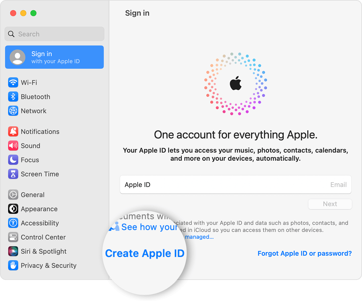 Mac screen showing the Create Apple Account link to click