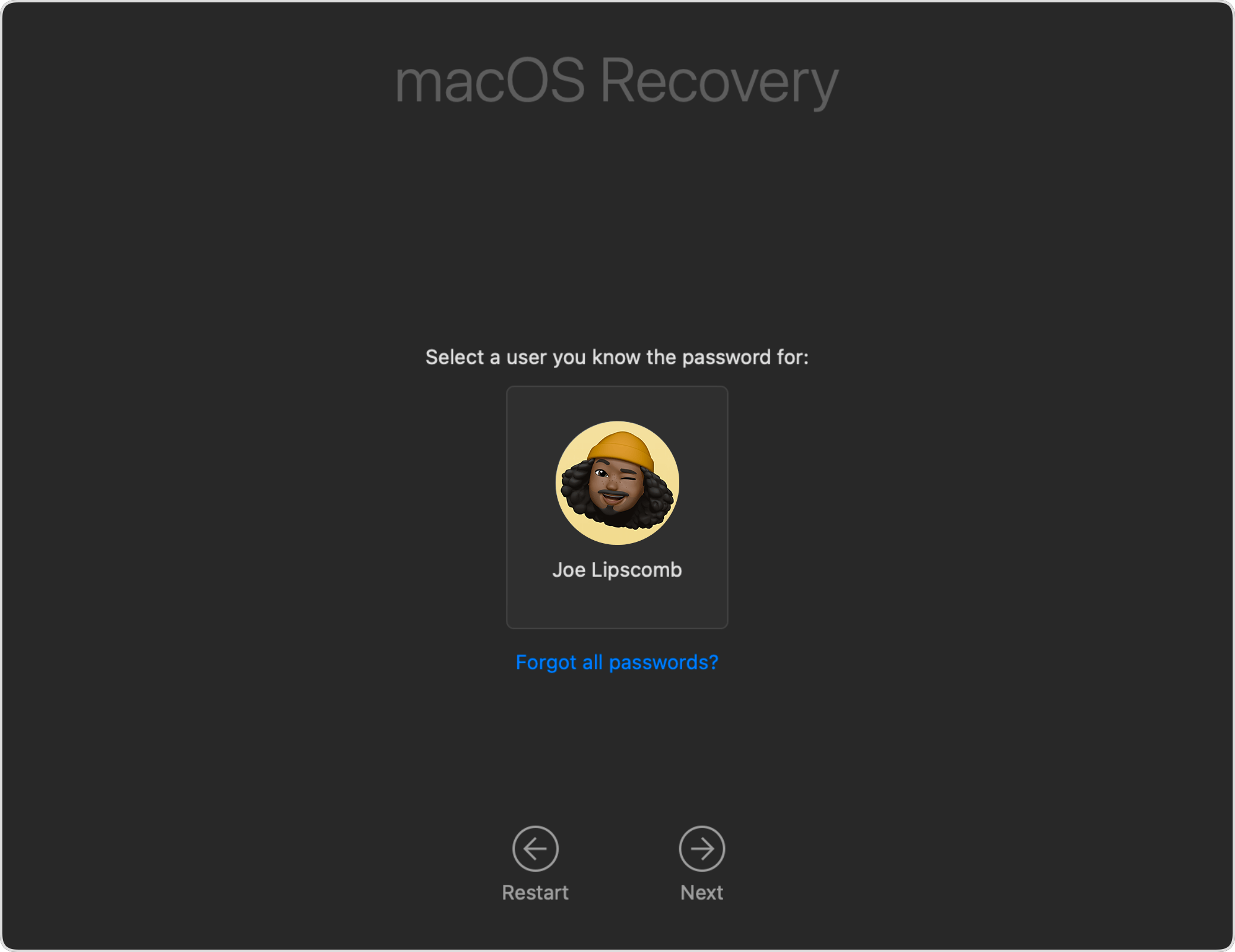 “Select a user” window in Recovery