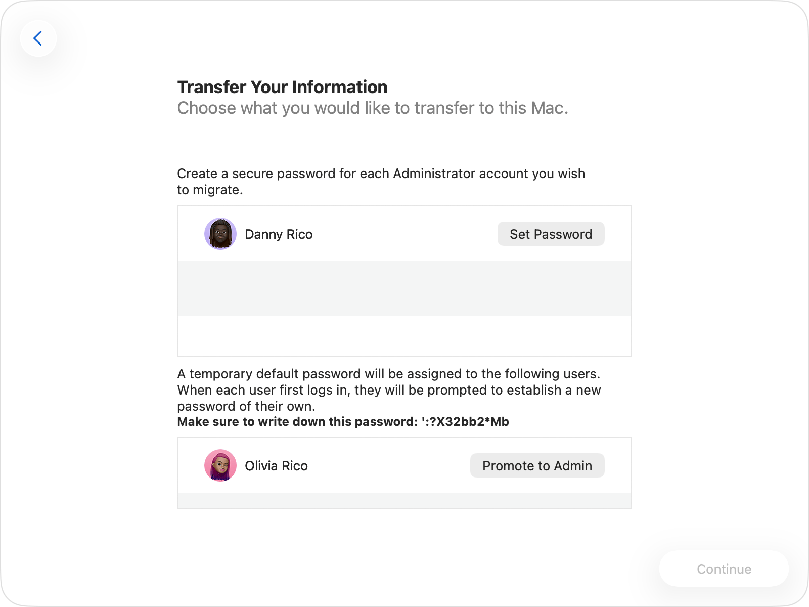 Migration Assistant sýnir lykilorðavalkosti fyrir stjórnanda- og notandareikning.