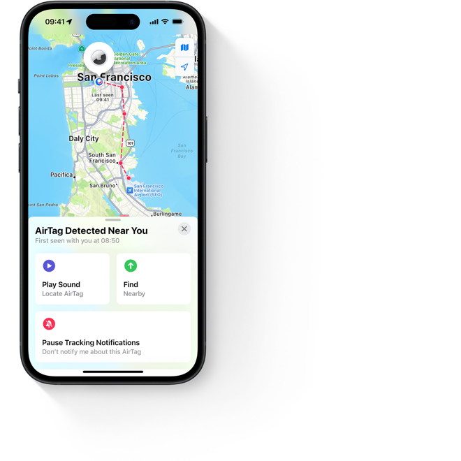 <p style="color: #86868b; line-height: 1.19048; letter-spacing: .011em; font-size: 1.35rem; font-weight: 600; margin-top: 1.7em;"><span style="color: #000000; line-height: 1.19048; letter-spacing: .011em; font-size: 21px; font-weight: 600; margin-top: 1.7em;"><strong>AirTag er hannað til að koma í veg fyrir óumbeðna rakningu. </strong></span>Ef AirTag sem tilheyrir einhverjum öðrum skyldi lenda á meðal hlutanna þinna, mun iPhoneinn þinn greina að hann fylgir þér og senda þér tilkynningu. Ef nokkur tími hefur liðið og þú hefur enn ekki fundið það, mun AirTagið spila hljóð til að láta þig vita að það sé.<br />En ef þú ert á ferðalagi með vini sem á AirTag, eða situr í lest þar sem margir farþegar eru með AirTag, gerist ekkert. Tilkynningar eru aðeins gefnar út þegar AirTag verður viðskilja við eiganda sinn.</p>