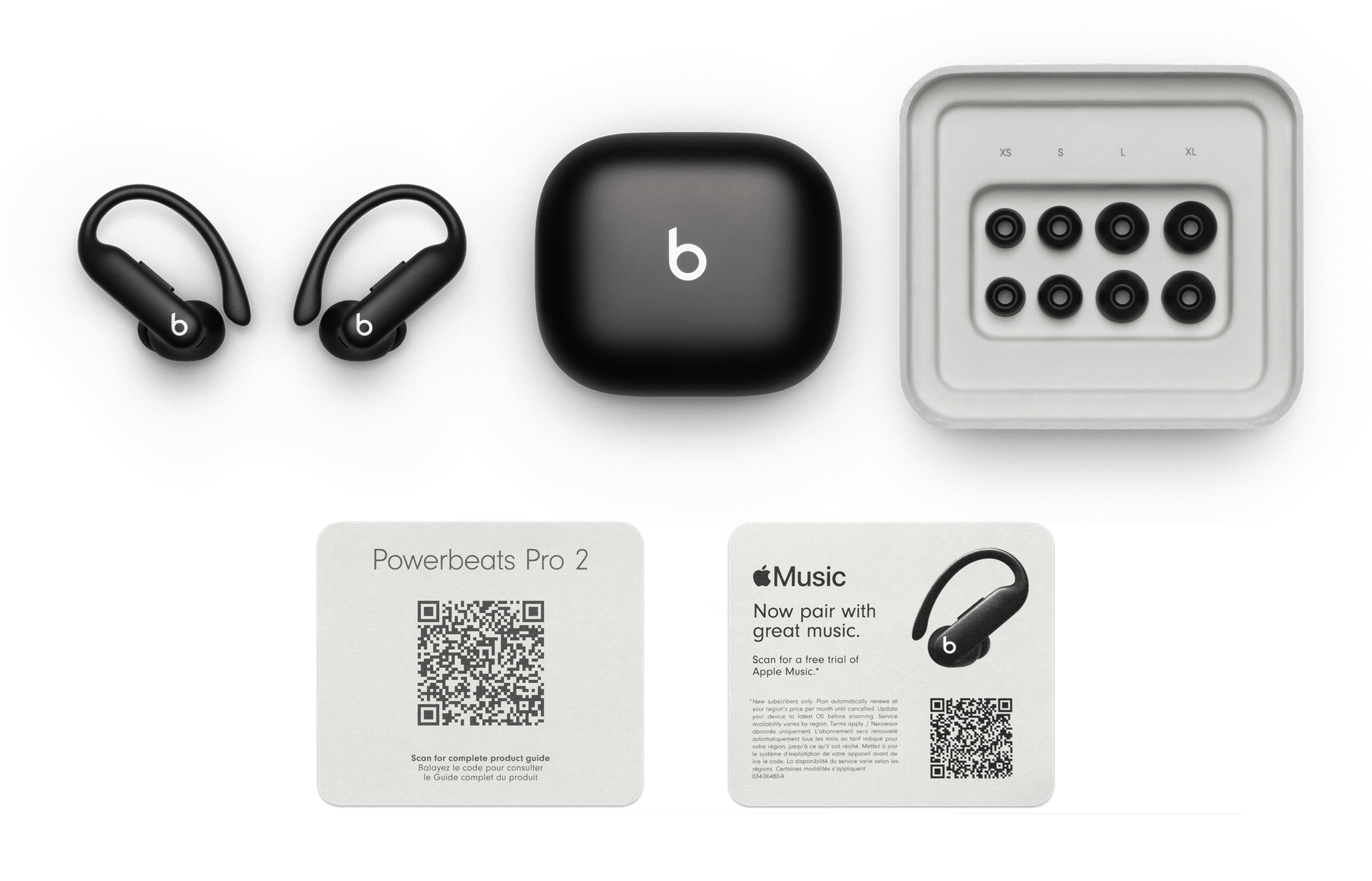 Powerbeats Pro 2, hleðslubox og tappar í stærðum XS til XL.