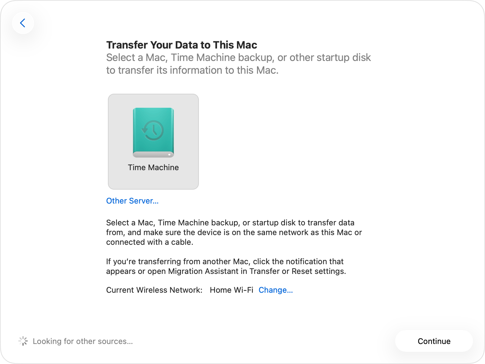 Migration Assistant sýnir valið tákn fyrir Time Machine-disk.